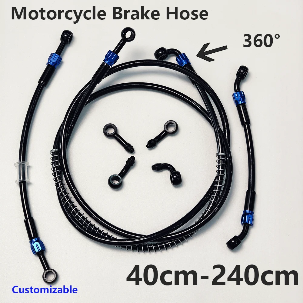 Black M10 Stainless Steel Braided Brake Hose Suitable Motorcycles Equipped With 360° Rotating Banjo Fittings 0 28 45 90 Degree
