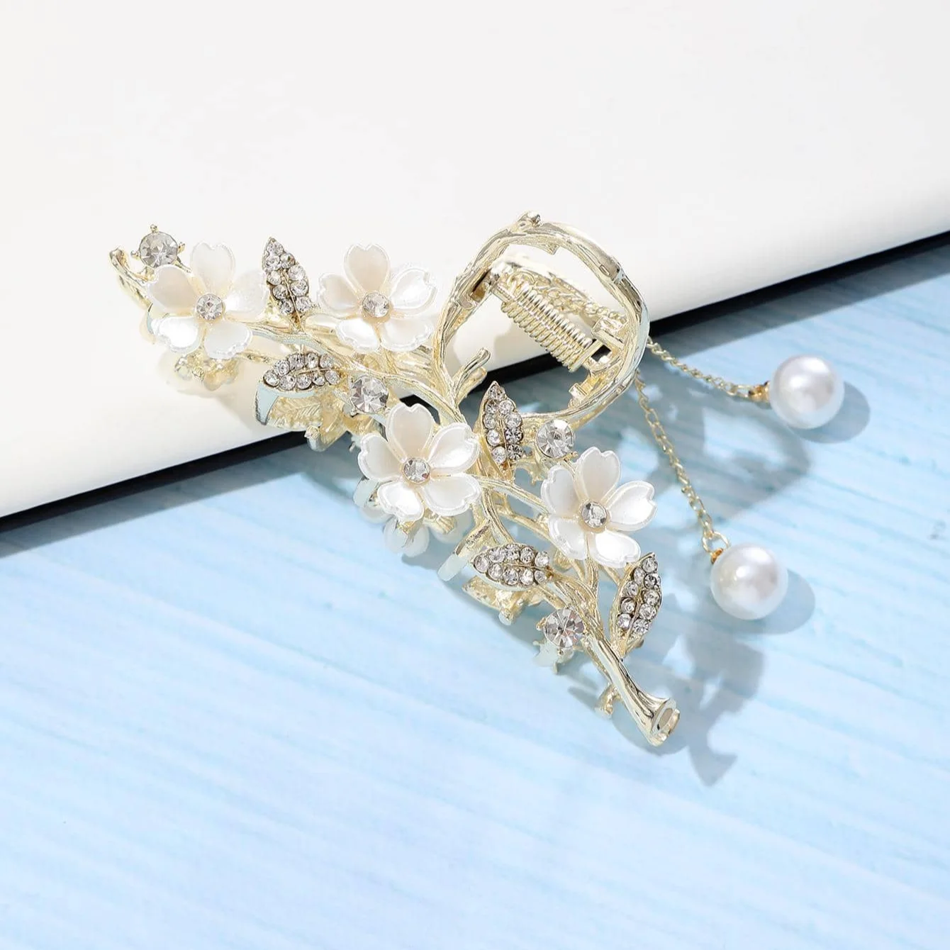 1pc Jasmine Flower Rhinestone Pearl Tassel Hair Clip Boho