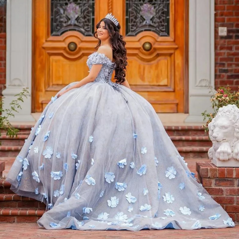 Quinceanera Dresses 2024 Flower dress Tulle Beading Off The Shoulder Party Dress Appliques Lace Up Court Train Prom Ball Gown