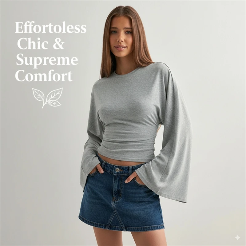 

2025 Y2K Women Long Sleeve Crop Top O-neck Slim Fit T-shirt Casual Streetwear Gray Pullover Tee
