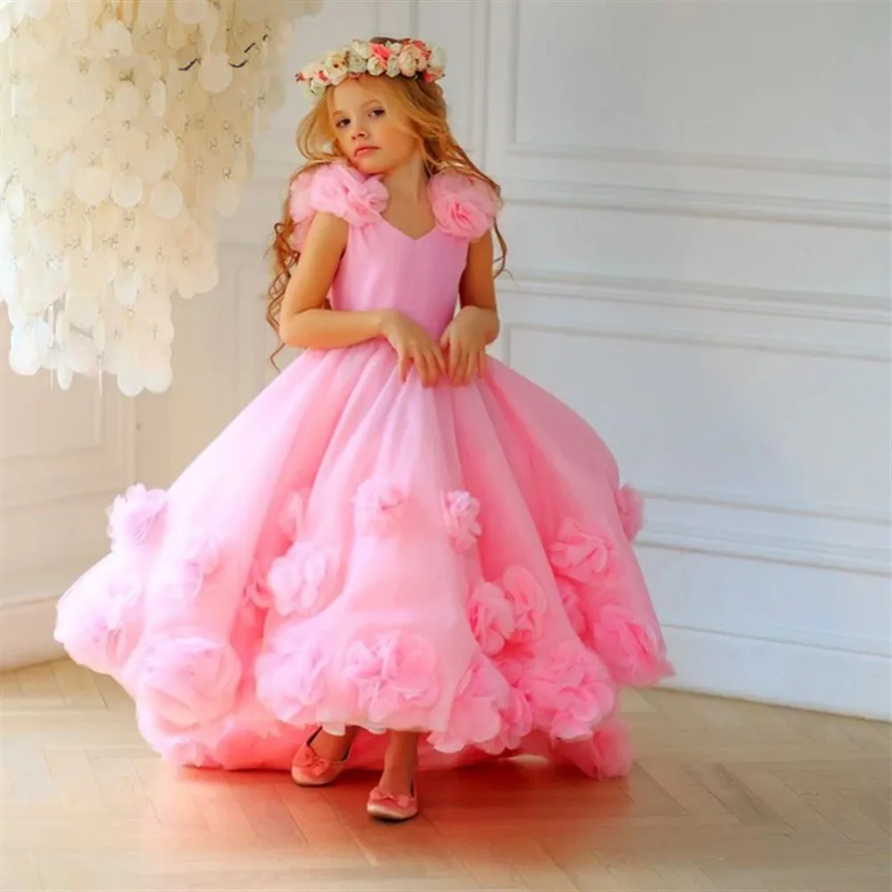 

Customized Elegant Flower Girl Wedding Dress Floral Sleeveless V Neck Puffy Princess Birthday Party Dress First Communion Gown