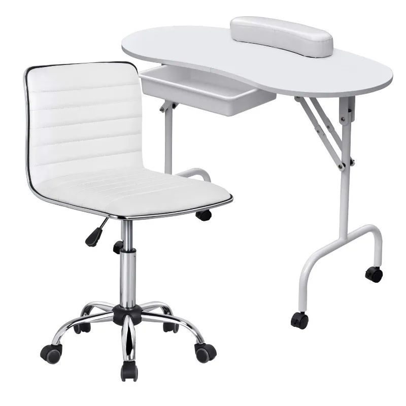 37-inch Foldable Manicure Table Nail Desk Workstation w/Carrying Case/Wheels for Spa Beauty Salon and Adjustable Low