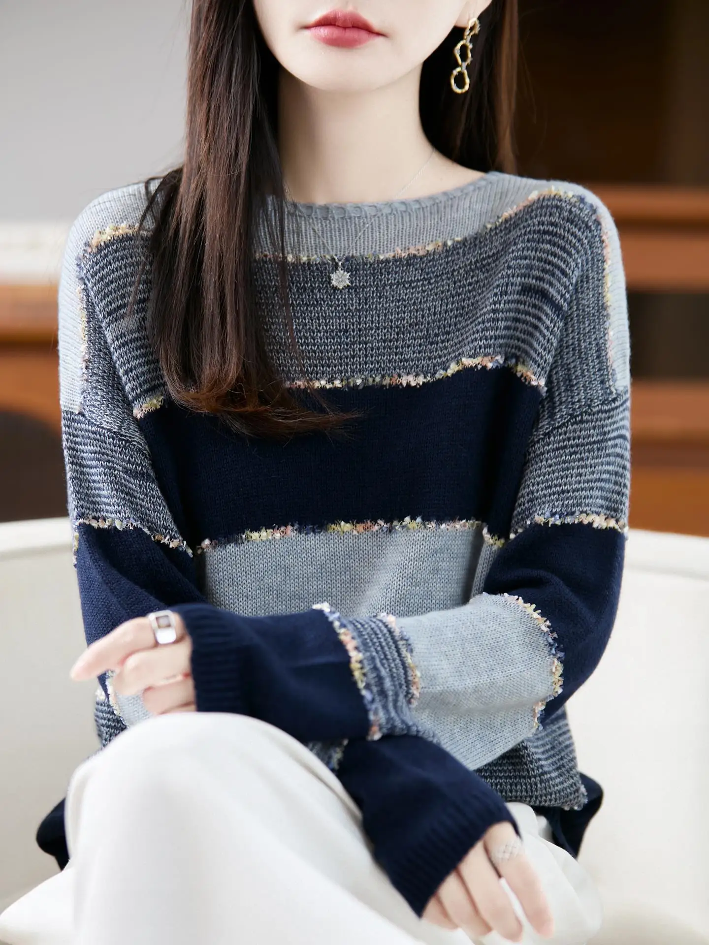 

Женский свободный вязаный свитер в полоску, мягкий, с длинными рукавами, круглым вырезом, шерстяной базовый топ, дизайнерский, контрастный, C...