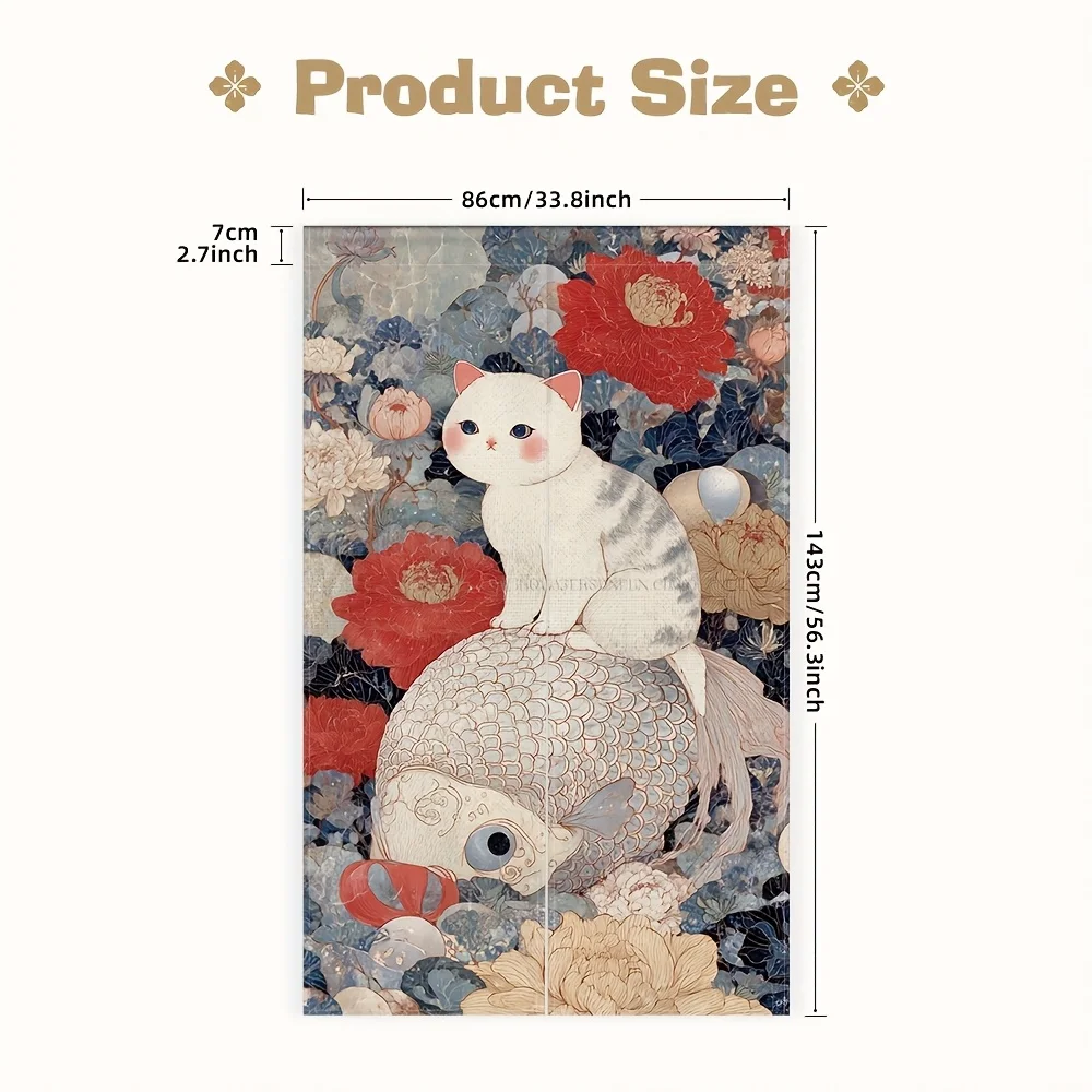 Cat & Fish Noren Curtain – Floral Art, White Cat on Rock, Linen-Like Fabric, for Kitchen or Dining Decor