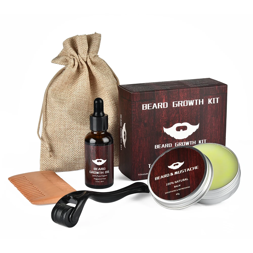 Kit de crecimiento de barba, bálsamo para Barba con aroma de sándalo, aceite hidratante, rodillo de cera para el cabello, peine para hombres, cuidado de estilismo de barba