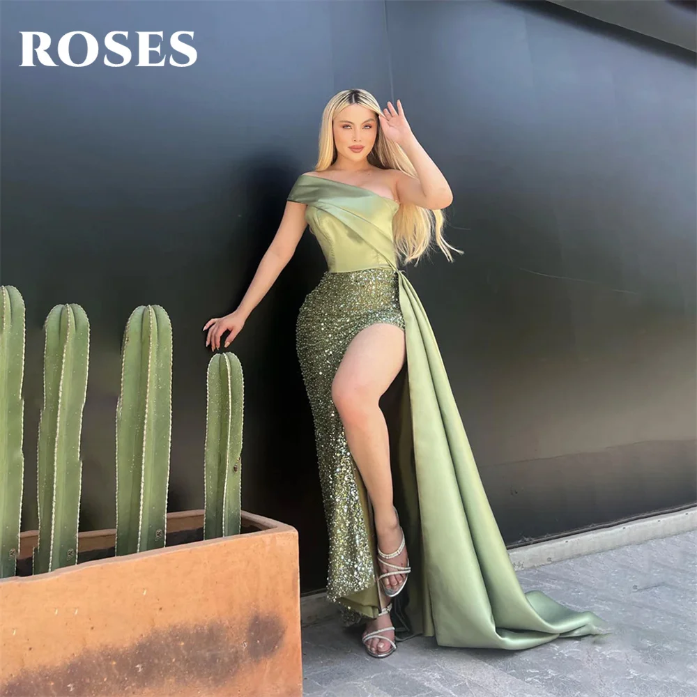 ROSES-Robes de Rhsirène vert sauge, robe fendue sur le côté sexy, robe formelle une initiée, robe de soirée sirène tache