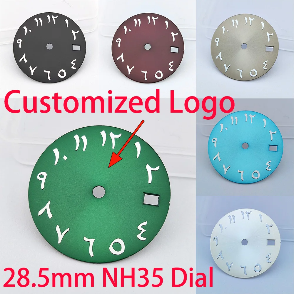 Quadrante dell'orologio da 28.5mm quadrante NH35 quadrante con numeri arabi LOGO personalizzato fai da te accessori per orologi stampati al Laser adatti per il movimento NH35/NH36