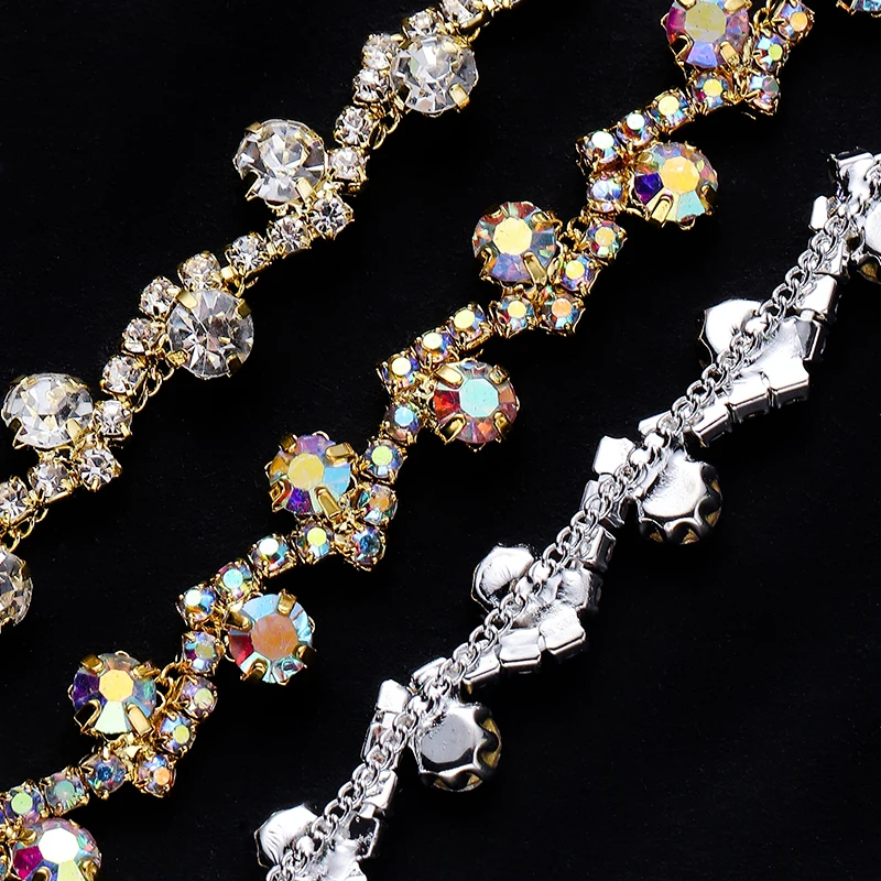 DUCRYSTARL 1Yard Rhinestone Trim Crystal Chain Gold/Silver Claw Crystal Sewing Craft DIY Wedding Dress Decoration