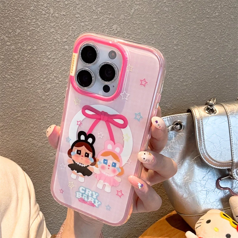 

Kawaii Cartoon Cry Girl Magnetic Phone Case For iPhone 17 Pro 15 16 14 Pro Max Back Cover with Stand Shockproof Cute Cases