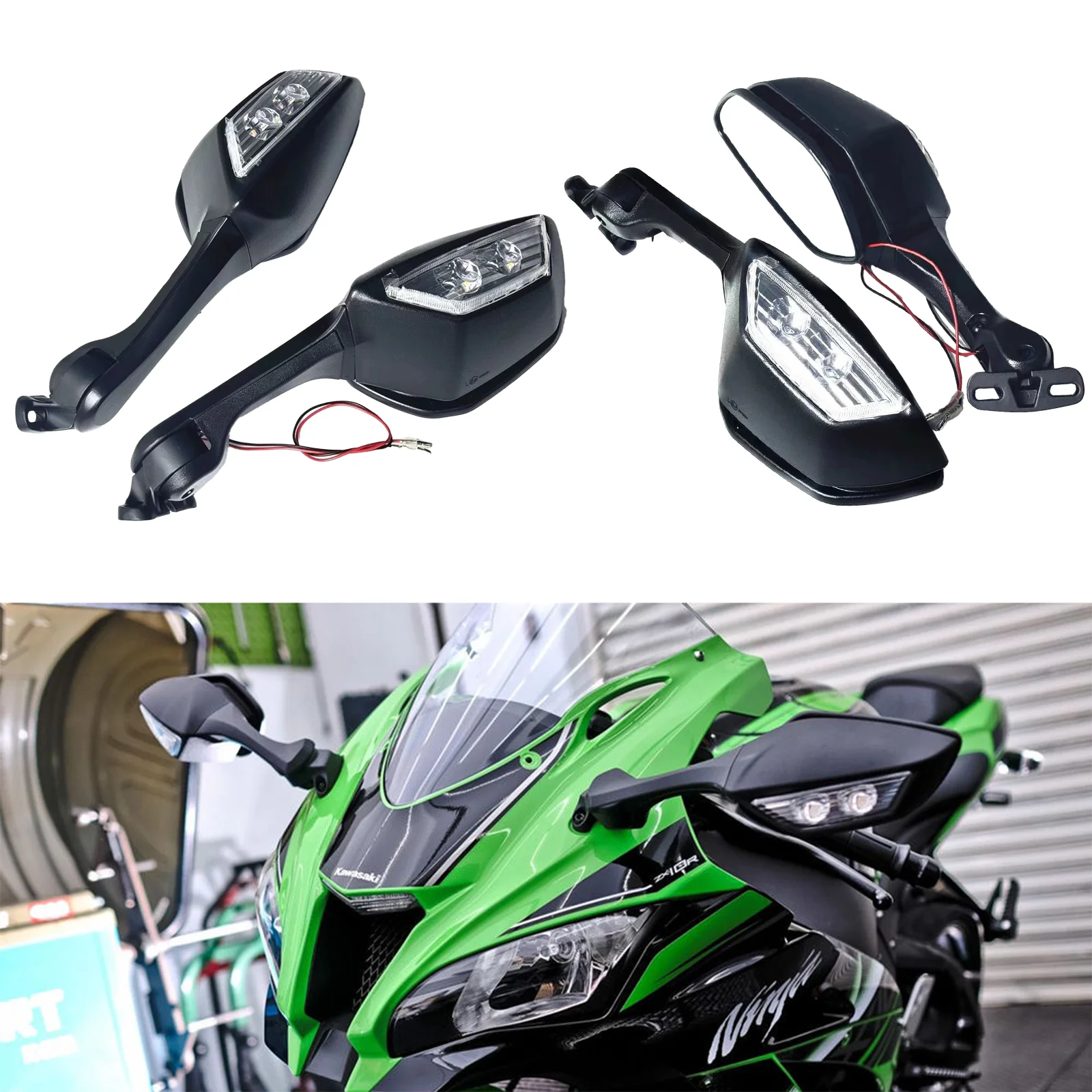 

Motorcycle Side Mirrors w/ Integrated Turn Signals for KAWASAKI Ninja 250/300/400/650 & ZX6R/ZX10R