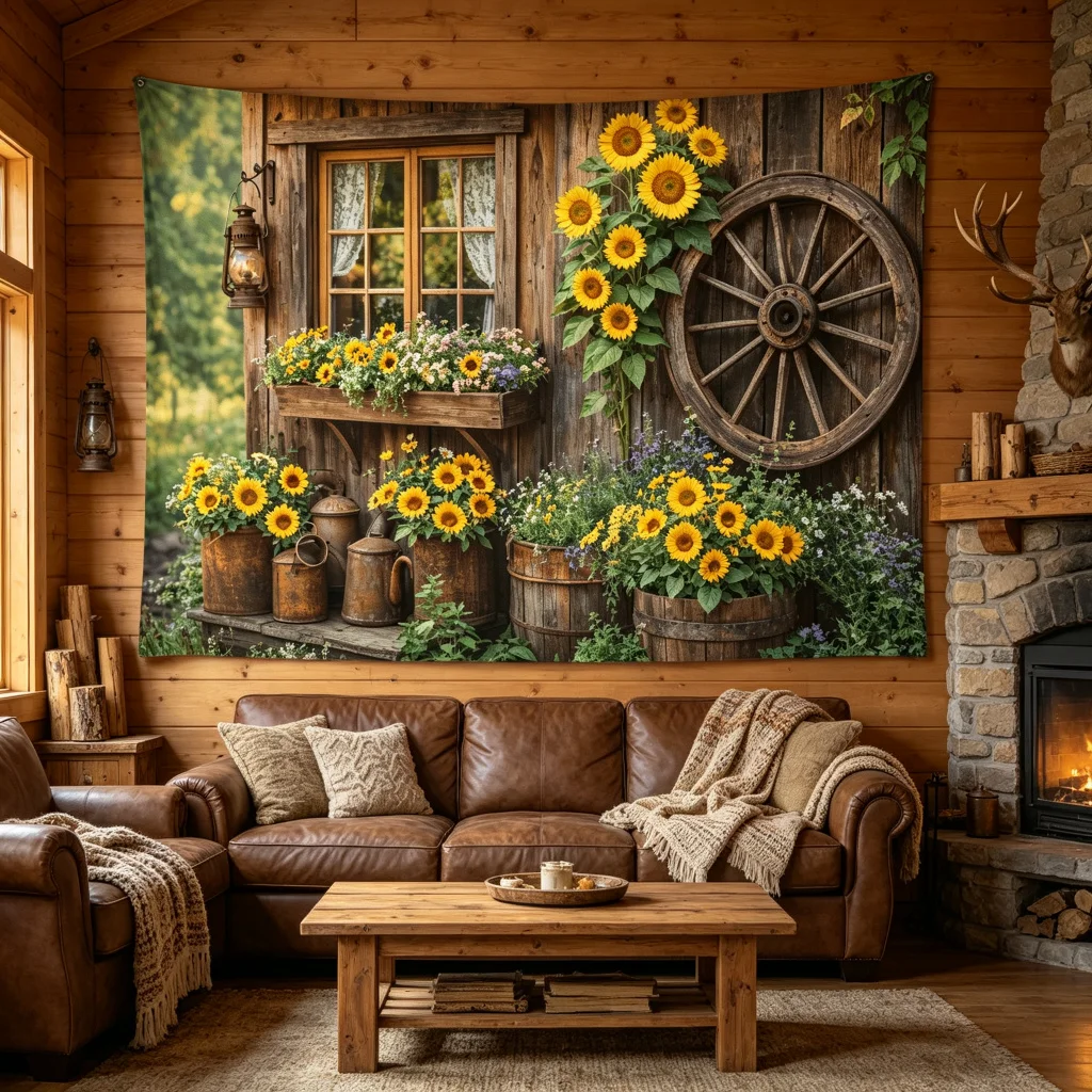 1PC Fall Country Cabin Sunflower Wildflowers Print Backdrop Banner, Bedroom Photo Background, Polyester, Party Decoration