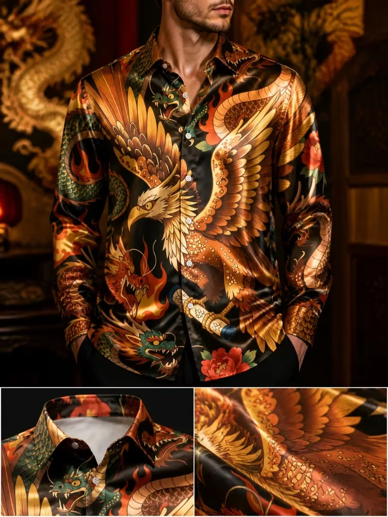 New Gilded Landscape Chinese Painting Printed Long Sleeve Shirt with Smooth Drop and Smooth Satin Collar for Men
