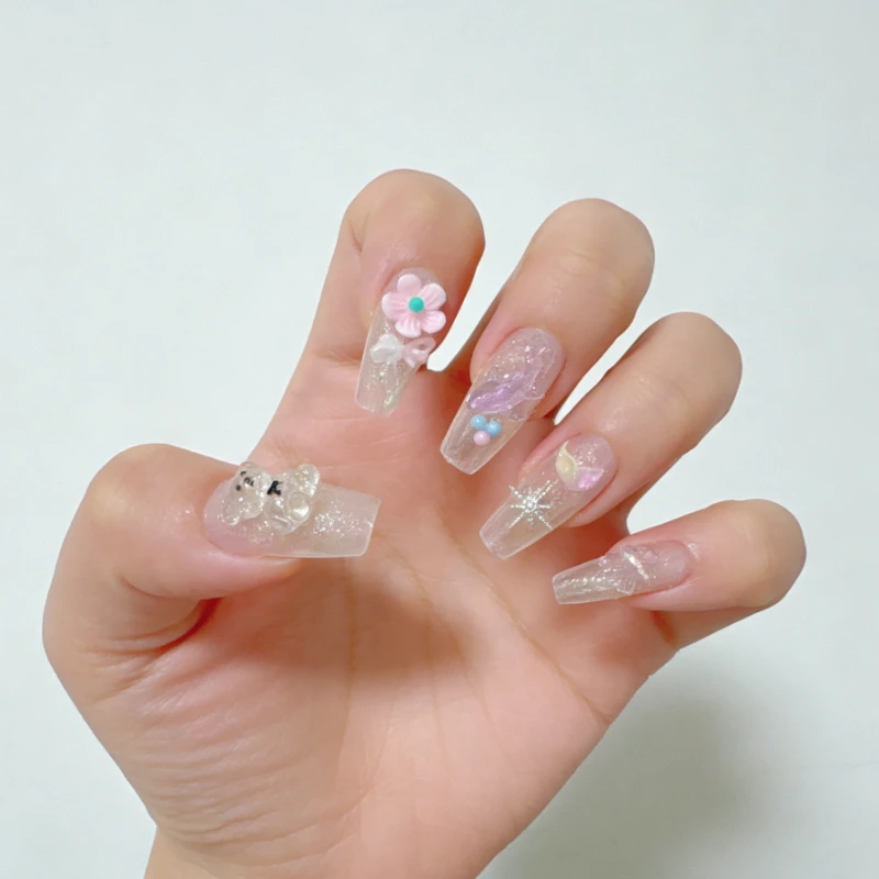 

10 шт. милых накладных ногтей в стиле Лолита с 3D-дизайном: ручная работа, мишки, цветы, киты, медузы, миндалевидные, френч-тип, искусственные ногти
