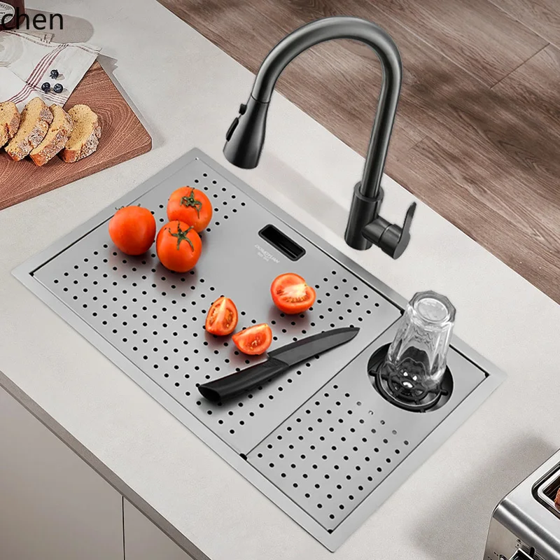 HT Hidden Bar Sink  Stainless Steel Kitchen Handmade Single Bowl with Cover Island Counter Gun Gray