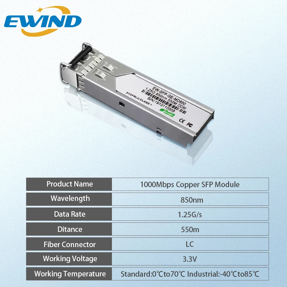 EWIND 1.25G SFP Optical Transceiver 550m DDM Fiber 850nm SFP Transceiver Module Gigabit Multimode Duplex LC Compatible for CISCO