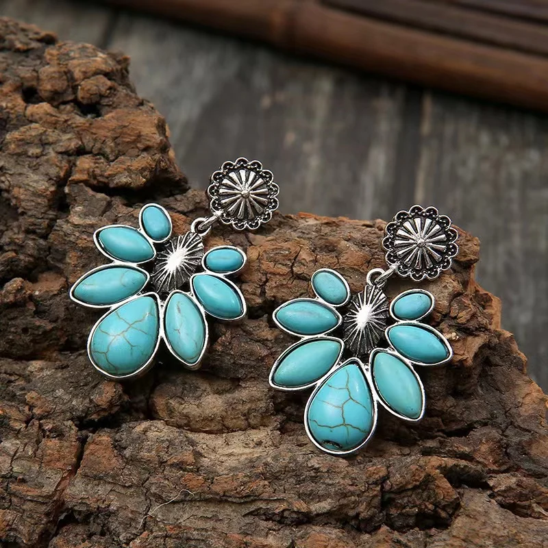 Free Shipping Vintage Natural Turquoise Dangle Earrings For Women Jewelry Trendy Stone Silver Color Party Gift