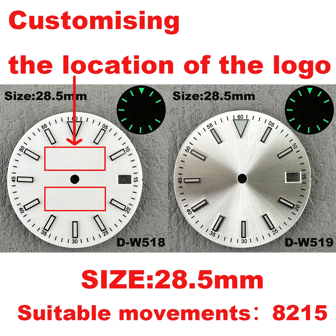 28.5 mm dial for the Miyota 8215 calibre Customisable logos and patterns Various colours available Replacement watch accessories