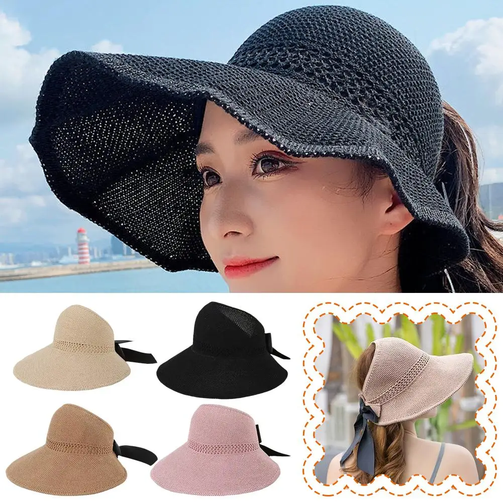 1PCS Summer Wide Brim Straw Hat Women Empty Ribbon Hats Bowknot Soft Female Beach Elegant Sun Travel Outdoor Foldable D9M5