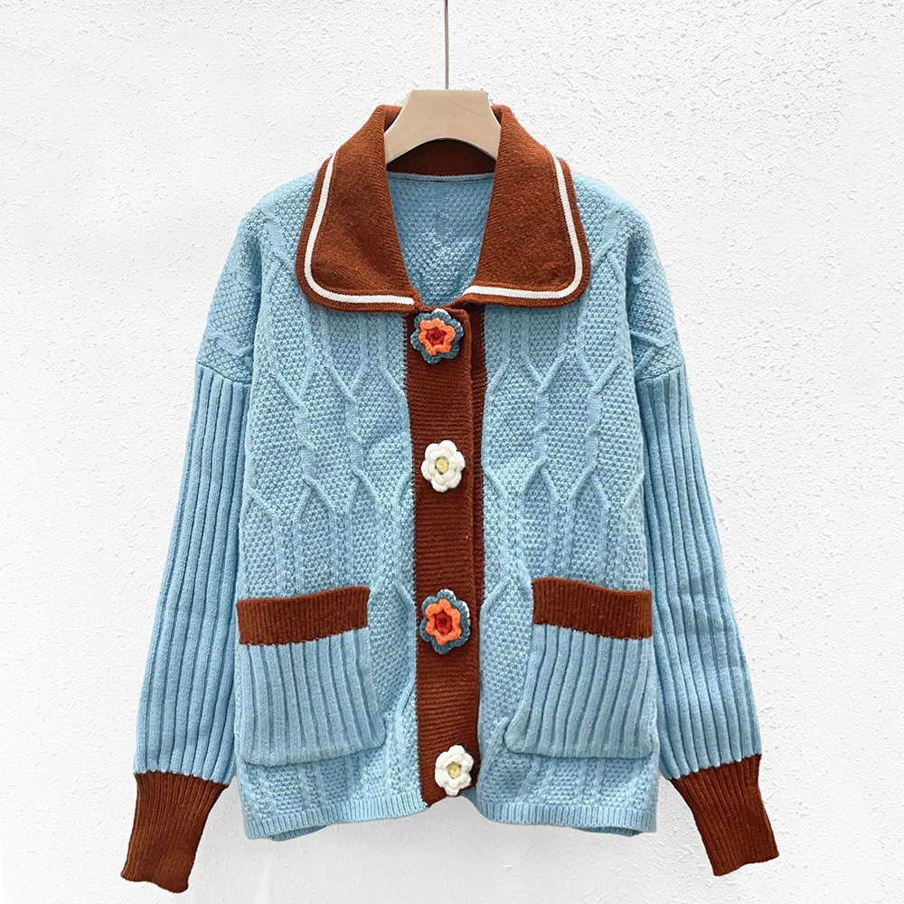 

Women Hand Crochet Tops French Style Autumn Cardigans Vintage Blue Doll Collar Sweater Winter Knitted Flower Jacket Female Coat