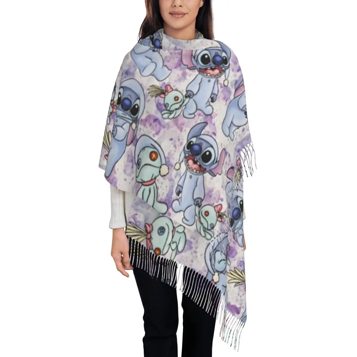 Bufanda personalizada con borlas de Stitch Caroon Lilo para mujer, chales cálidos para invierno y otoño, bufandas para mujer