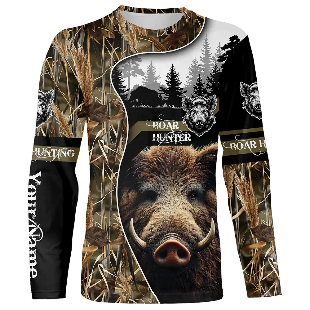Camiseta de camuflaje para hombre, Animal de caza, jabalí, estampado 3D, camiseta deportiva de manga larga, Top informal