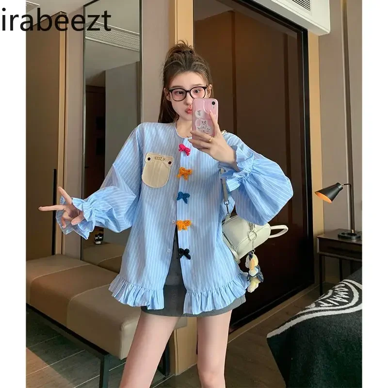 Blue Striped Shirt Bow New 2024 Early Spring Design Sense French High-grade Loose Long-sleeved Blusas Femininas Elegantes