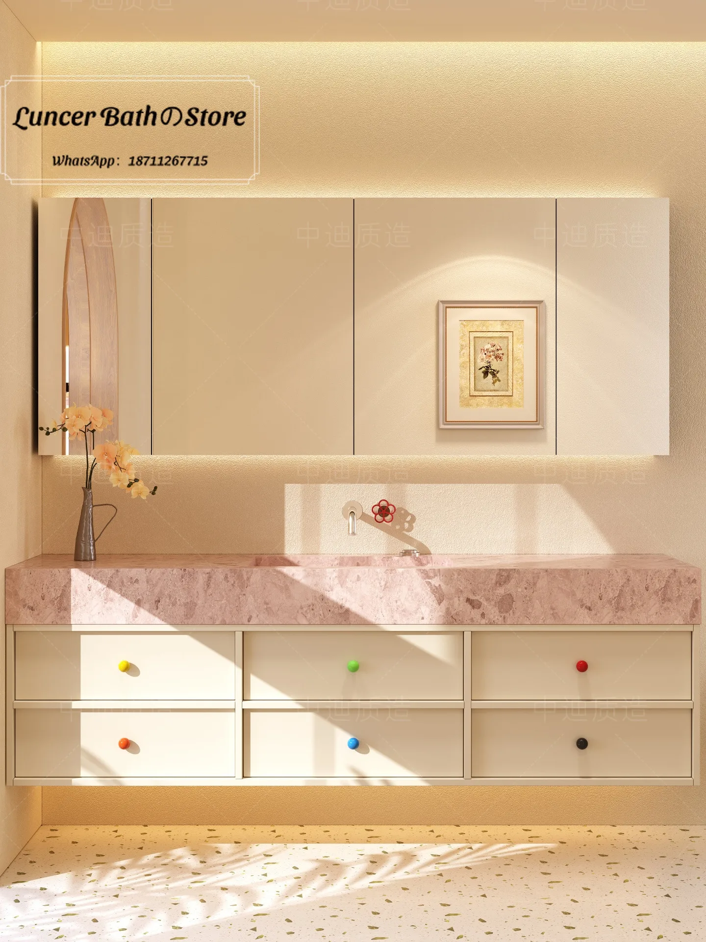 Monet Garden Dopamine Bathroom Vanity, Pink Sintered Stone Seamless Integrated Basin Washstand Cabinet Combo