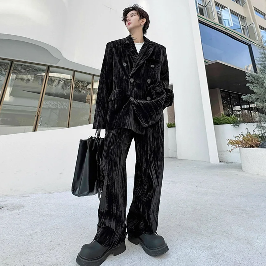 

Men Loose Casual Streetwear Vintage Senior Velvet 2PCS Suits Jacket Pant Sets Wedding Dress Blazers Trousers Party Clothing