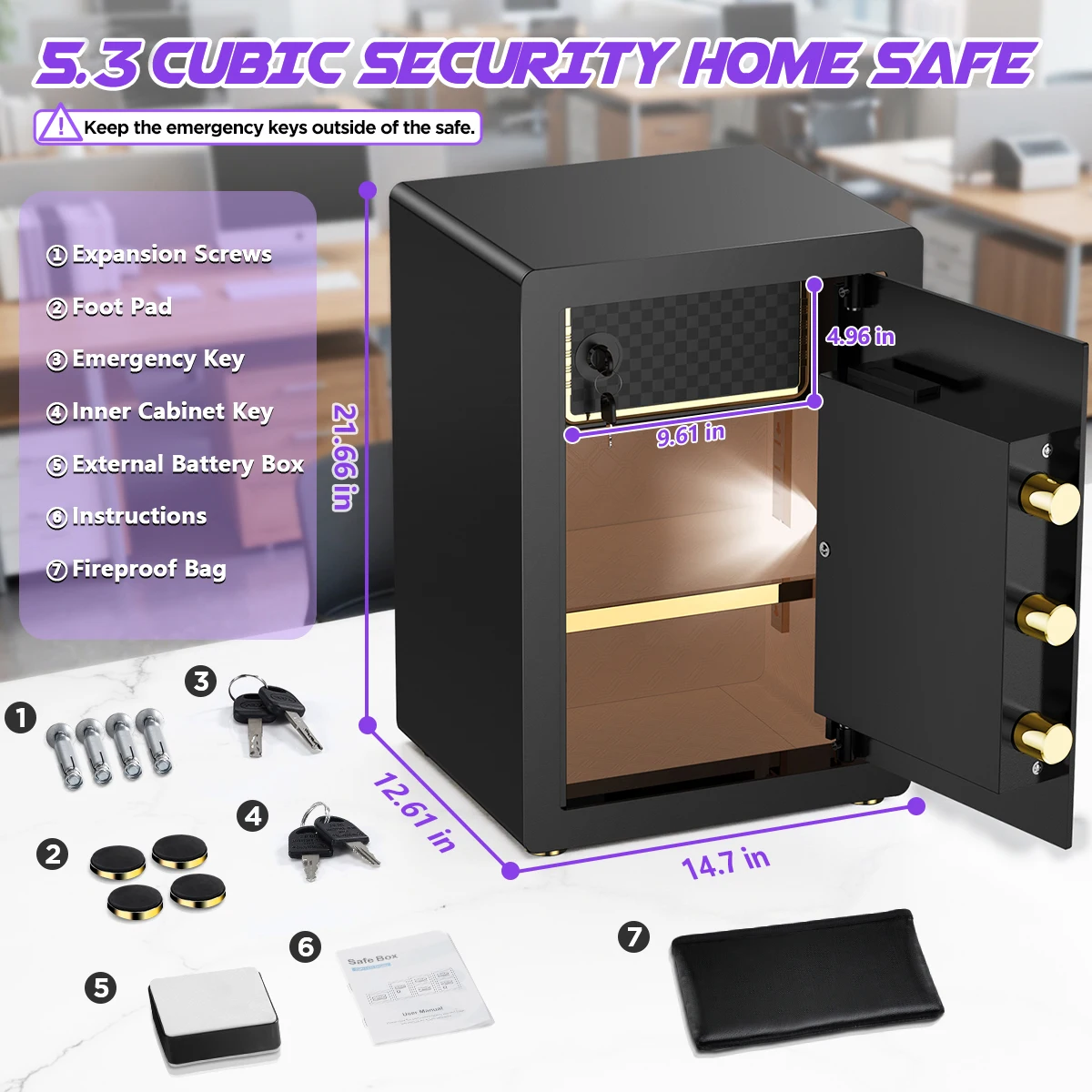 BESAFETY 5.3 Cuft Large Safe Box, Digital Keypad, LCD Screen, Security Home Safe with Interior Safe Lock Box, Removable Shelf