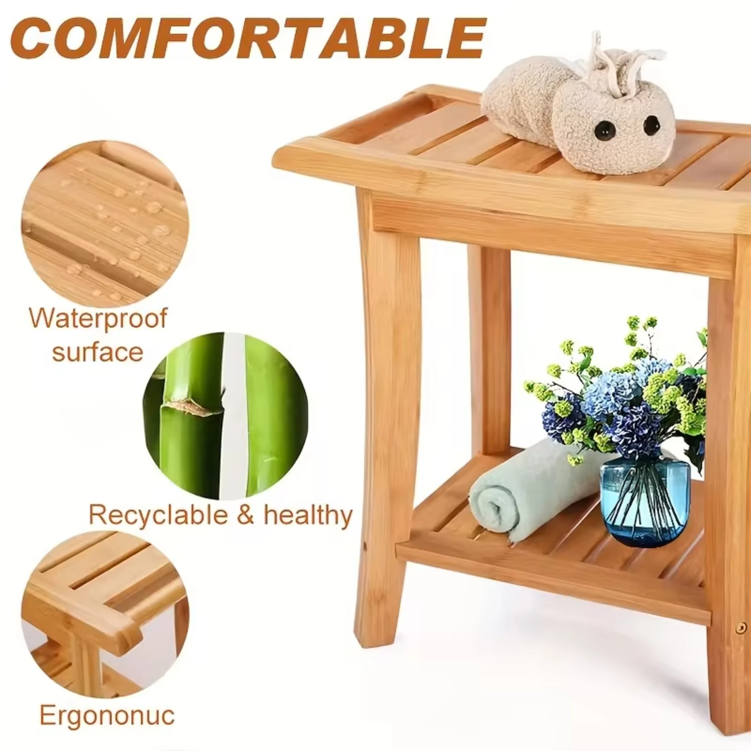 Shower Bench Bamboo Spa Bath Shower Stool & Bench with  Shelf, Shower Bath Seats  Adults Seniors Women Elderly Tileabl