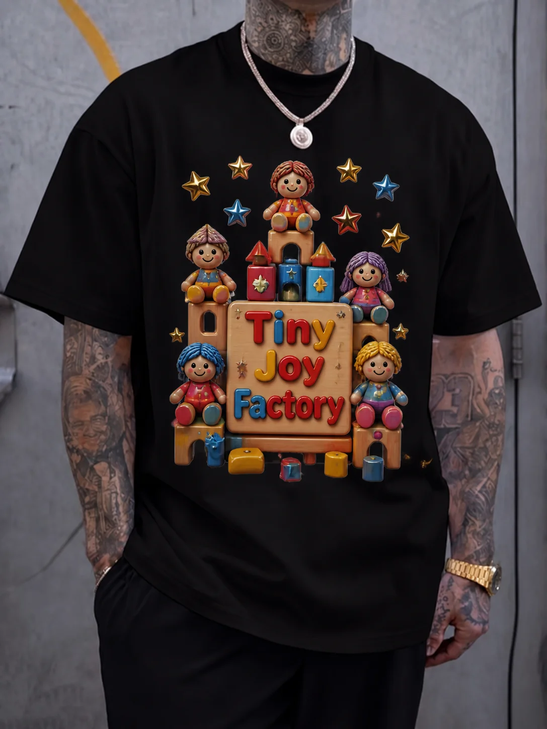 

Wooden Toy Block Graphic Tee with Cute Doll Figures and Star Accents Tiny Joy Printed Tee Design Playful Retro Toy Aesthetic