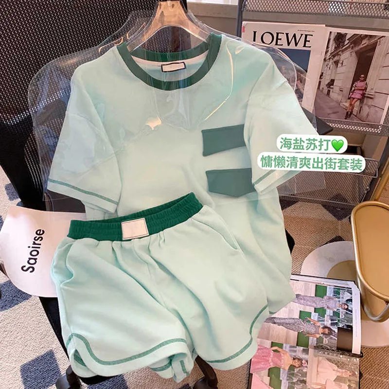 

Mint Green Casual Two-piece Sport Suit Women's Summer New Fashion O-neck Short Top+Casual Wide-leg Elastic Waist Shorts Set