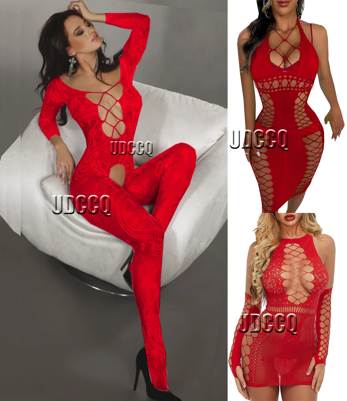 

Fishnet sexy Lingerie woman Babydoll apparel Catsuit Underwear Chemises Teddies red Costume sleepwea sexy dress red