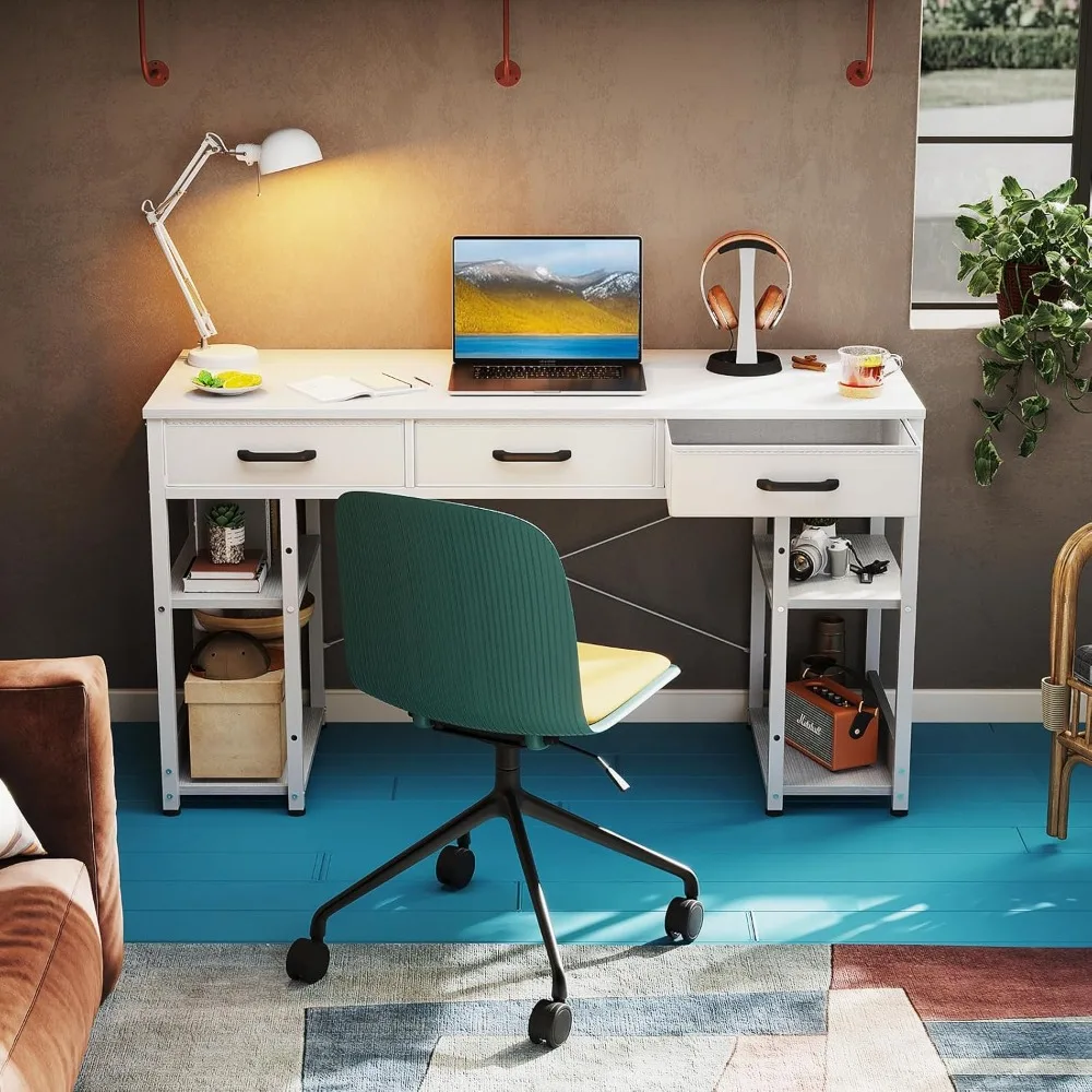 Escritorio pequeño para computadora de oficina: mesa para el hogar con cajones de tela y estantes de almacenamiento, escritorio moderno, blanco, 48x16