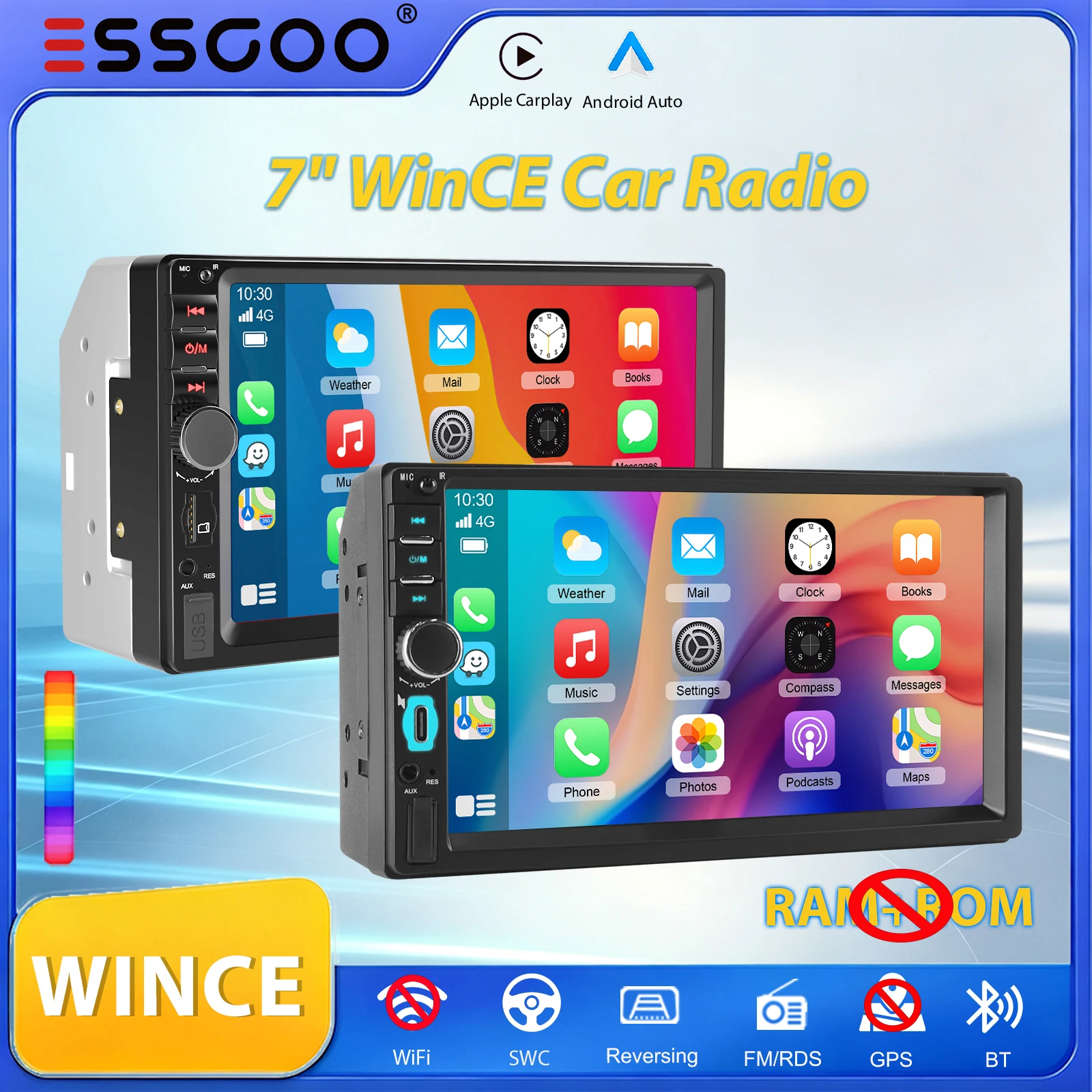 ESSGOO 7' 2 DIN WinCE Autoradio Universeller MP5-Player Touchscreen Kabelgebundenes Carplay Android Auto Bluetooth AUX TF USB FM Mirror Link SWC Multimedia-Player TF-Karte Optional