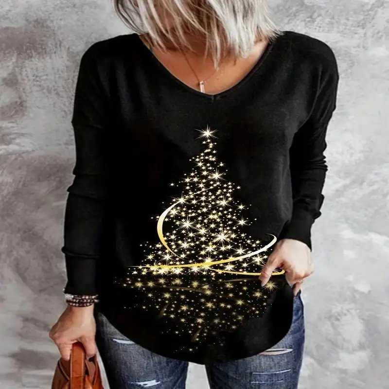 

Plus Size Christmas Casual Top, Women's Plus Tree Print Long Sleeve V Neck Slight Stretch Tunic Top