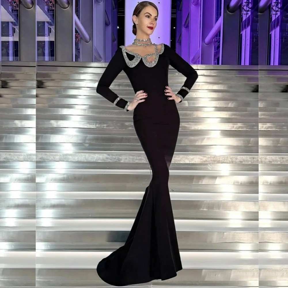 

Customized Modern Style Jersey Sequined Pleat Trumpet High Collar Long Dresses Bespoke Occasion Casual