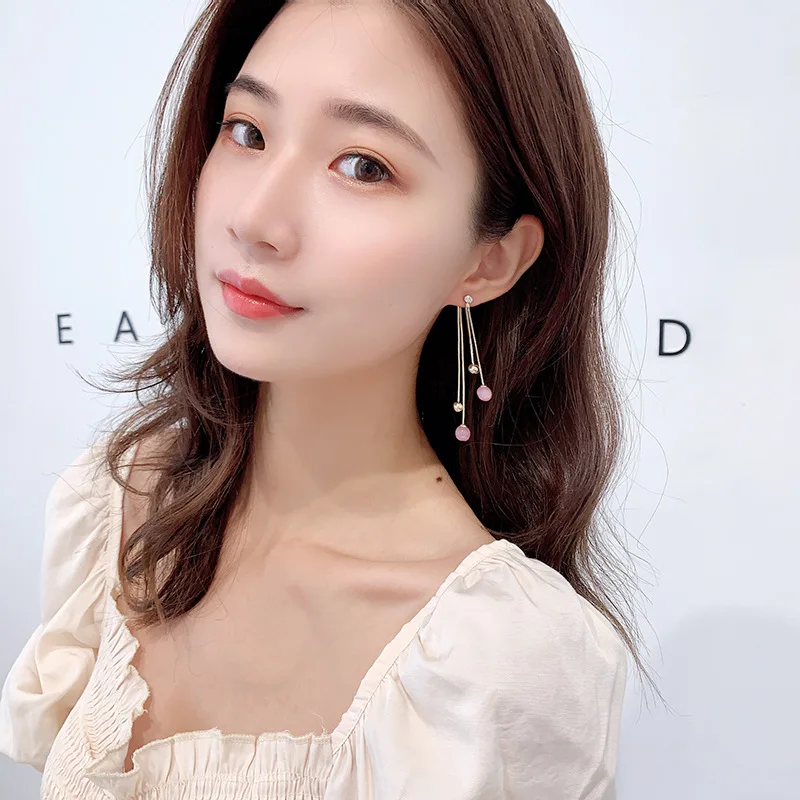 2024 New Cat'S Eye Stone Earrings, Women'S Long Style, Elegant Forest Style Super Immortal Powder Earrings, Two Wearing Tassel E