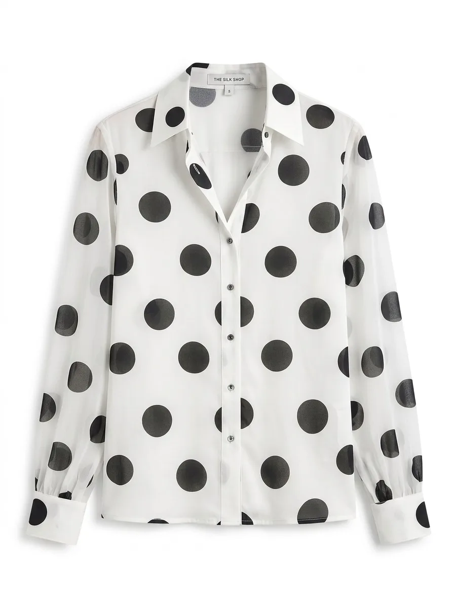 Freeacy Women White Black Polka Dot Sheer Shirt Lapel Collar Long Sleeve Button Down See Through Loose Elegant Casual Blouse