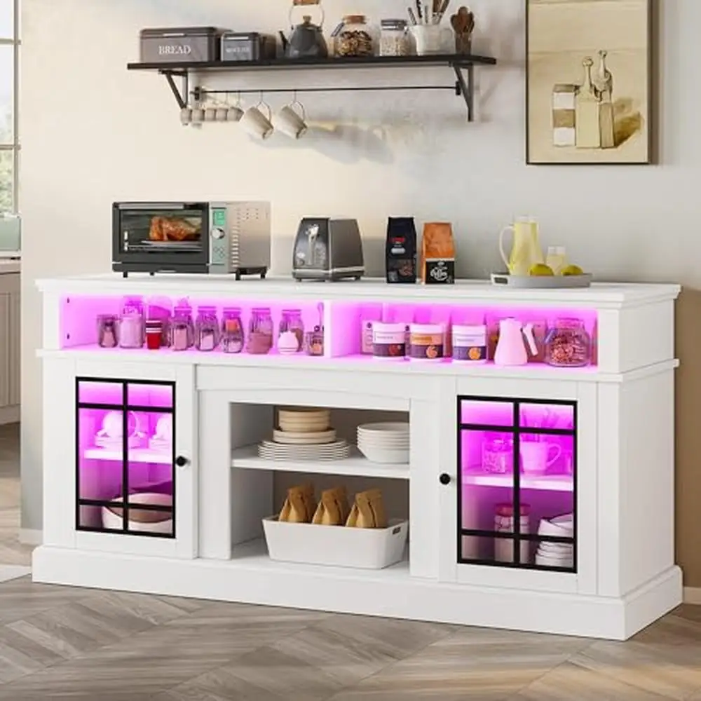 Farmhouse Buffet Cabinet LED Light Glass Doors Adjustable Shelf Kitchen TV Stand 65'' White Sideboard Storage Shelf Open Shelves