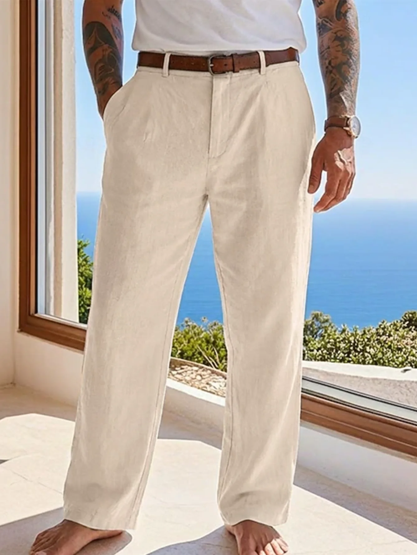 Neue Sommer-Leinenhose im lässigen Stil, schlichter Resort-Look, atmungsaktiv, gerader Schnitt und überlegene Qualität. – Detail 8