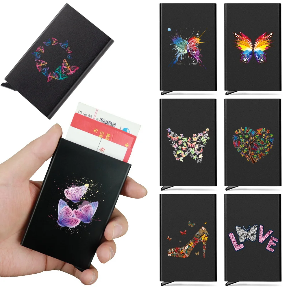 Slim Wallet with Elasticity Back Pouch ID Credit Card Holder Mini RFID Wallet Automatic Pop Up Bank Card Case Butterfly Print