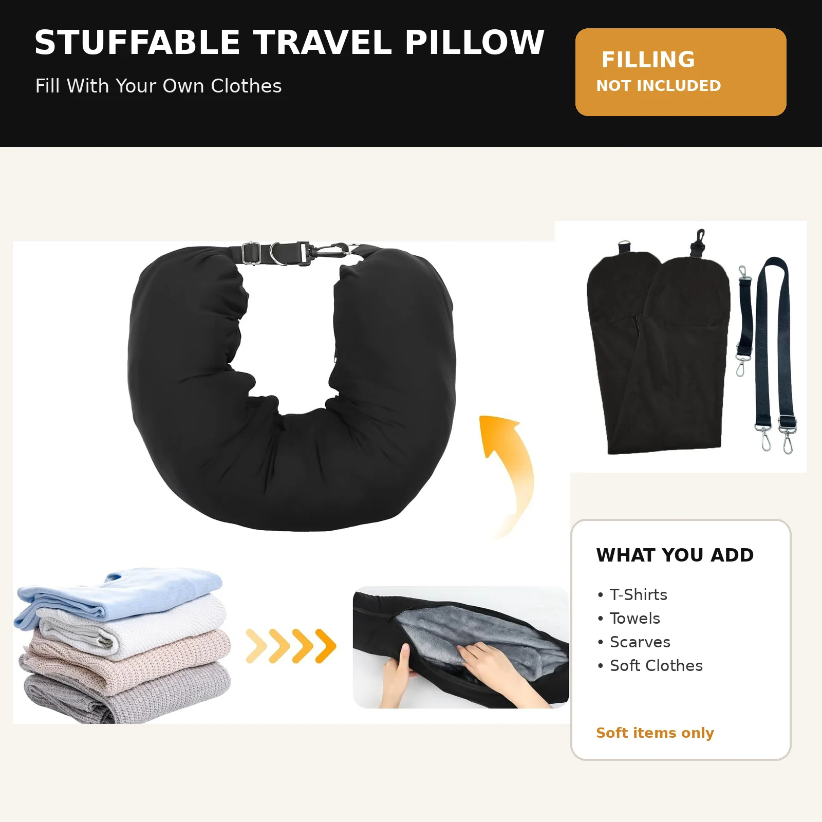 Stuffable Travel Pillow Case for Clothes Soft Plush Neck Pillow Cover with Shoulder Strap Space Saving Carry Bag for Flight Trav