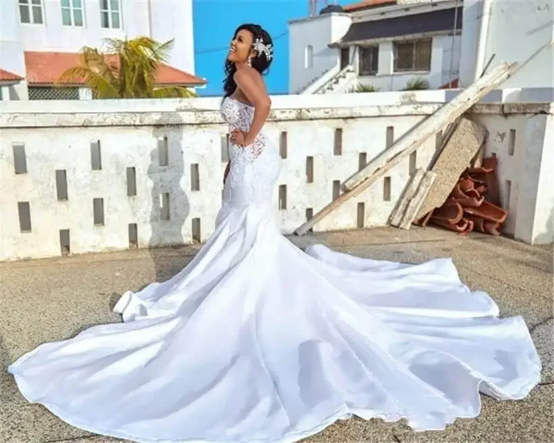 Vestidos de novia de sirena africana personalizados, vestidos de novia con falda desmontable, apliques de novia de satén, batas de talla grande D