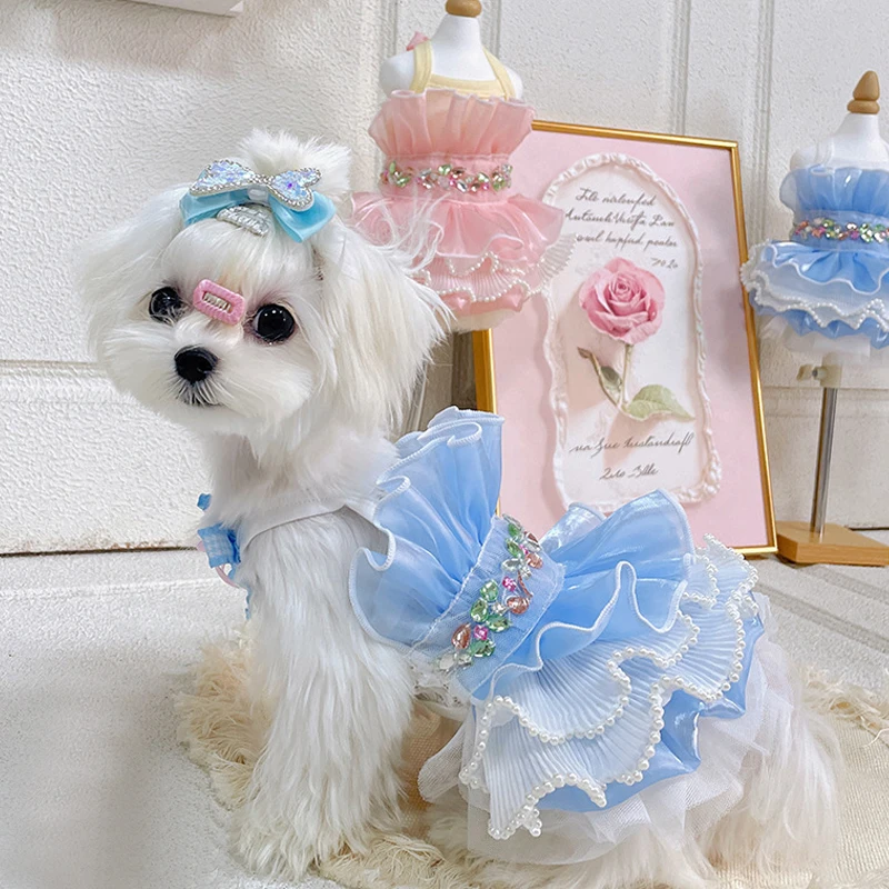 

Летняя юбка для щенков, одежда розового и синего цвета, простые кружевные платья на бретельках с кристаллами для маленьких и средних собак, одежда для чихуахуа, XXS-L