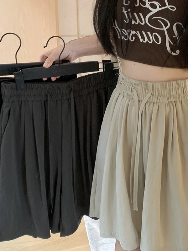 سراويل قصيرة صيفية واسعة الساق من الحرير الجليدي للنساء، فضفاضة ومريحة، عالية الخصر، بقصة مستقيمة، نمط كوري عصري