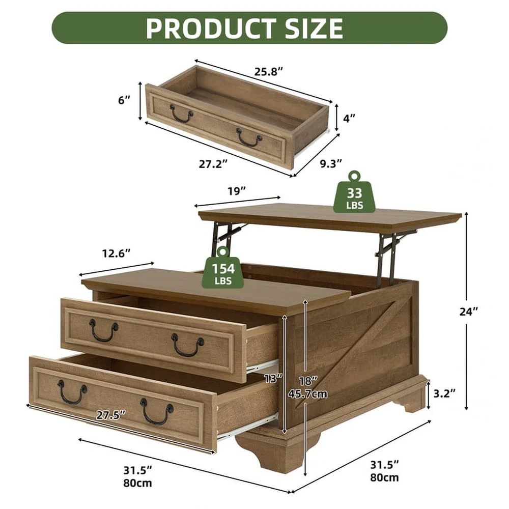 Table basse relevable de ferme avec rangement caché et 2 tiroirs, bois d'ingénierie durable, table centrale rustique marron pour salon