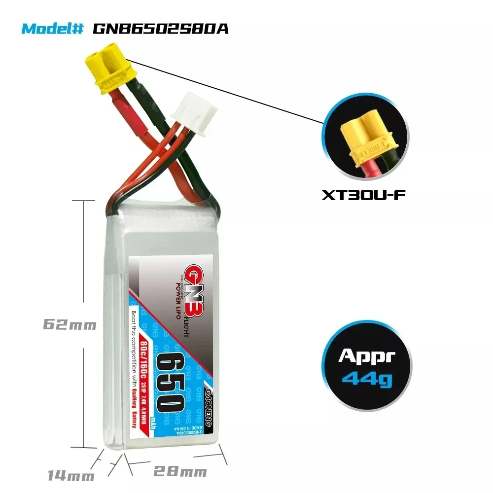 Gaoneng GNB 650mAh 2S 7.4V 3S 11.1V 4S 14.8V 5S 18.5V 6S 22.2V  80C Lipo Battery With XT30 Plug for RC FPV Racing Drone