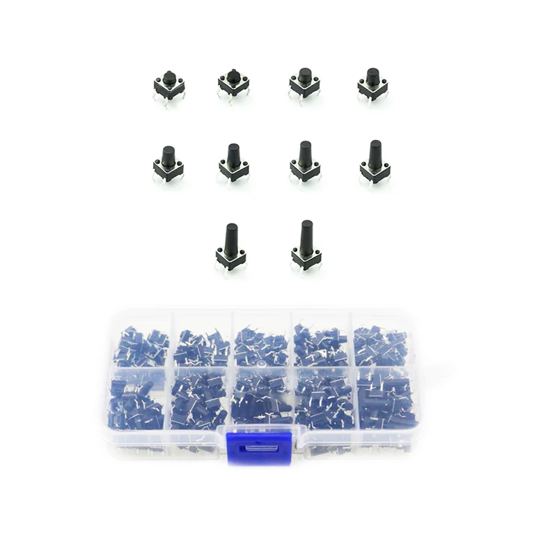 200Pcs 10 Models 6*6 Tact Switch Tactile Push Button Switch Kit Height: 4.3 To 13MM DIP 4P Micro Switch 6x6 Key Switch 10 Values