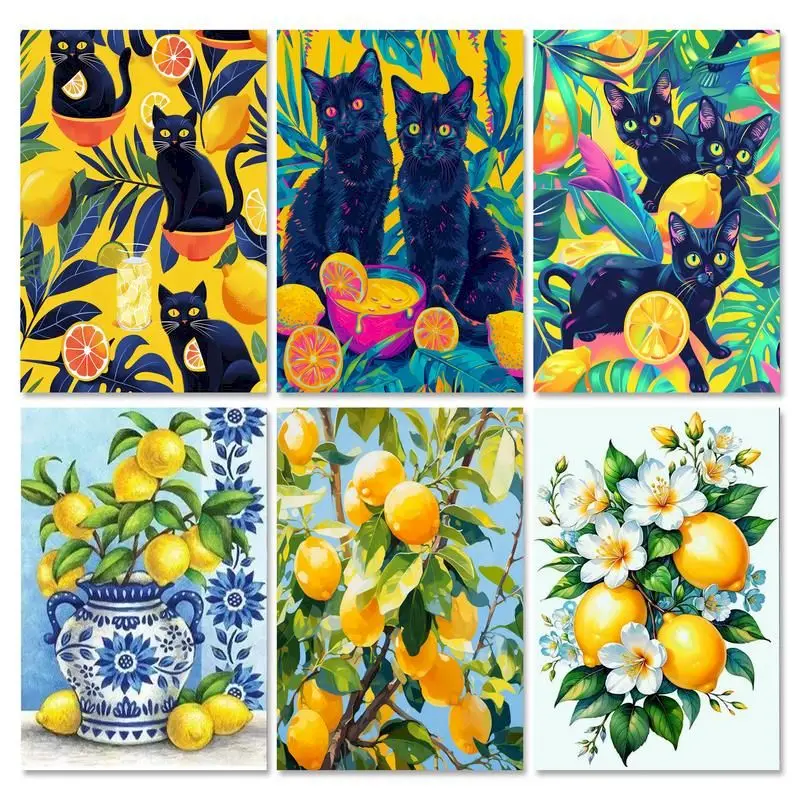 

GATYZTORY Acrylic Painting By Numbers On Canvas Paint Kit Lemon Black Cat Animal Coloring On Numbers Handpainted Wall Decor Gift